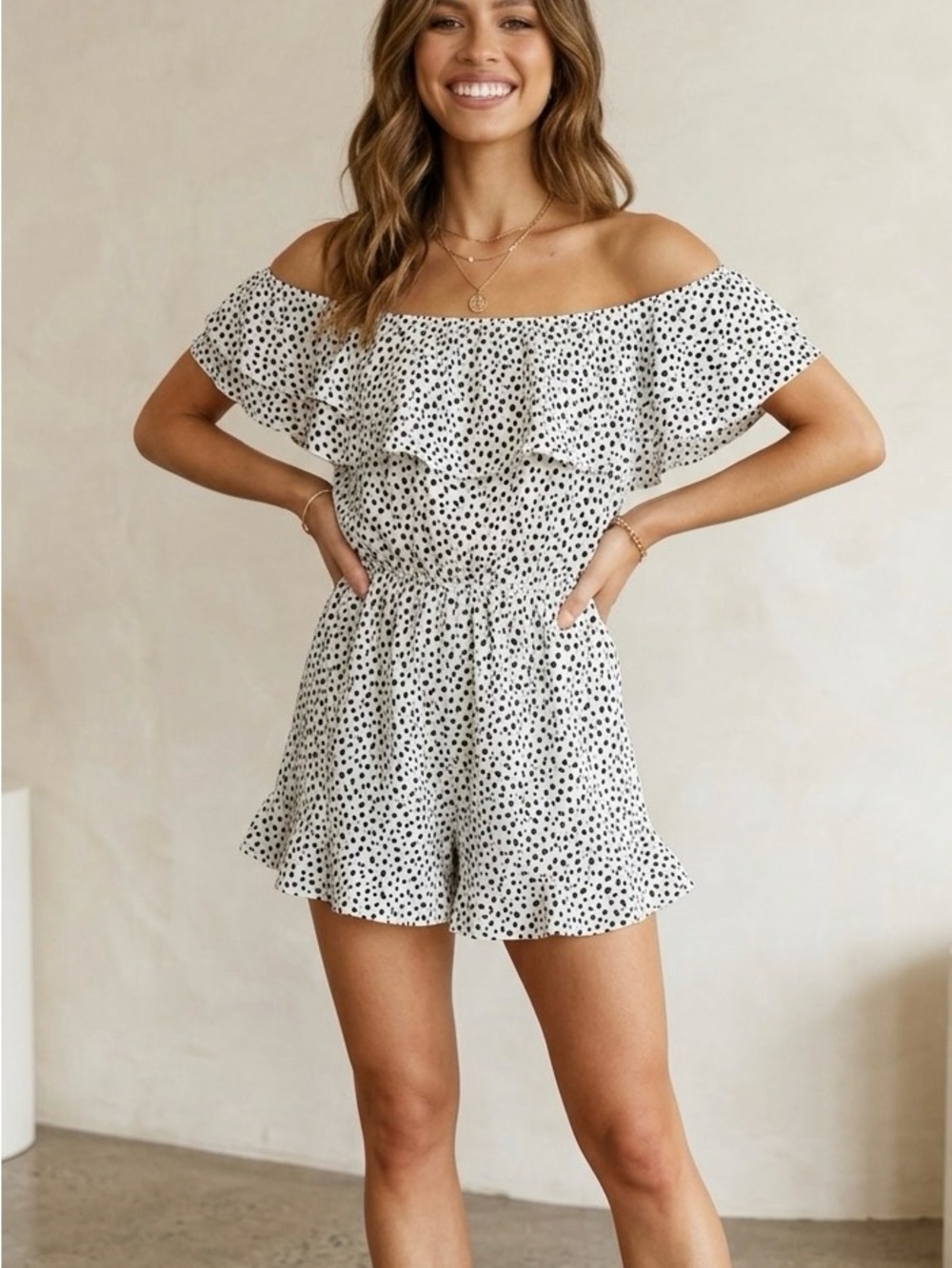 L Love Romper Off Shoulder Leopard/Polka Dot Ruffle  Elastic Waist Lined S